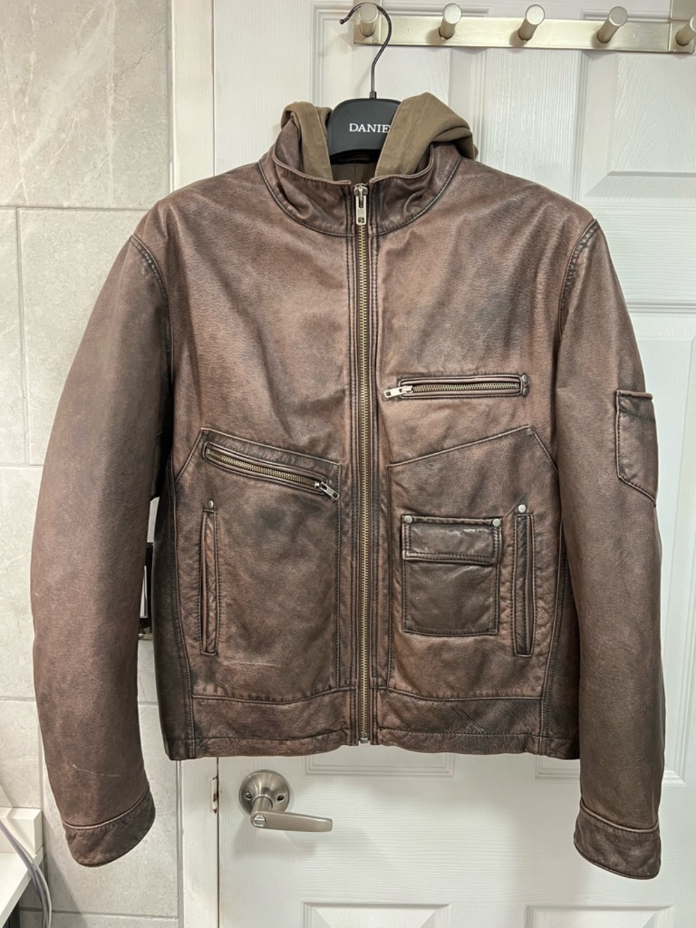 Danier Distressed Brown Leather Bomber Jacket with Hood